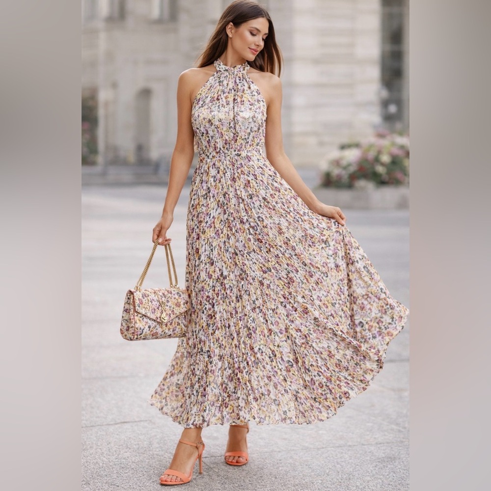 Elegant Floral Pleated Halter Maxi Dress Summer Wedding Party .🎉